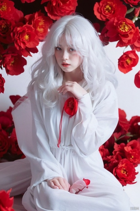 1girl, red eyes, white long translucent night gown, expressionless, (white hair), hair cover one eye, long hair, red hair flower, kneeling on lake, blood, (plenty of red petals:1.35), (white background:1.5), (English text).