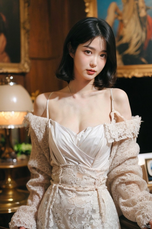 masterpiece, best quality, ultra high res, a slender, sultry beauty with strikingly large yet elegant cleavage in a form-fitting one-piece dress, intricate lace details and deep neckline that flatter her figure; set within an upscale modern art gallery, surrounded by vibrant paintings and soft track lighting casting seductive shadows; exuding sophistication and allure, as if shot by a master photographer using a wide aperture lens to create a shallow depth of field, drawing focus onto the subject while blurring the opulent surroundings, capturing an air of confidence and intrigue...vintage filter, 