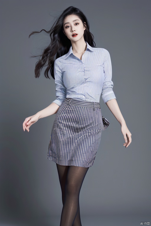 best quality,masterpiece,ultra high res,pure color simple background,(huge breasts:1.1),
1girl,striped,skirt,pantyhose,pinstripe_pattern,solo,striped_shirt,black_hair,long_hair,pencil_skirt,vertical_stripes,blurry,shirt,vertical-striped_shirt,
