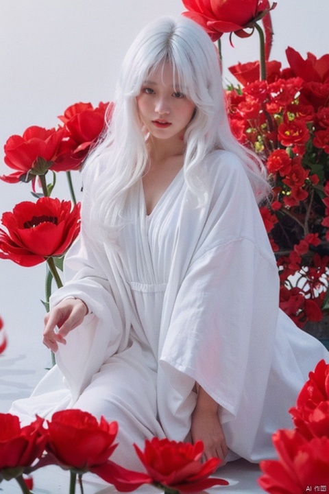 1girl, red eyes, white long translucent night gown, expressionless, (white hair), hair cover one eye, long hair, red hair flower, kneeling on lake, blood, (plenty of red petals:1.35), (white background:1.5), (English text).