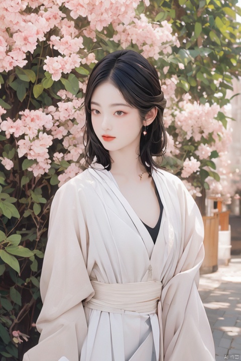 masterpiece, best quality, ultra high res, a slender and alluring Eastern beauty with ample cleavage, standing confidently in traditional silk attire, intricate embroidery details on the fabric catching the soft ambient light; set against a backdrop of an ancient Chinese garden at dusk, cherry blossom trees in bloom, lanterns softly illuminating the serene environment; exuding grace and sensuality, captured with a masterful composition using depth of field to emphasize her figure while maintaining the delicate balance of the scene, utilizing warm golden hour lighting to enhance the overall visual allure.