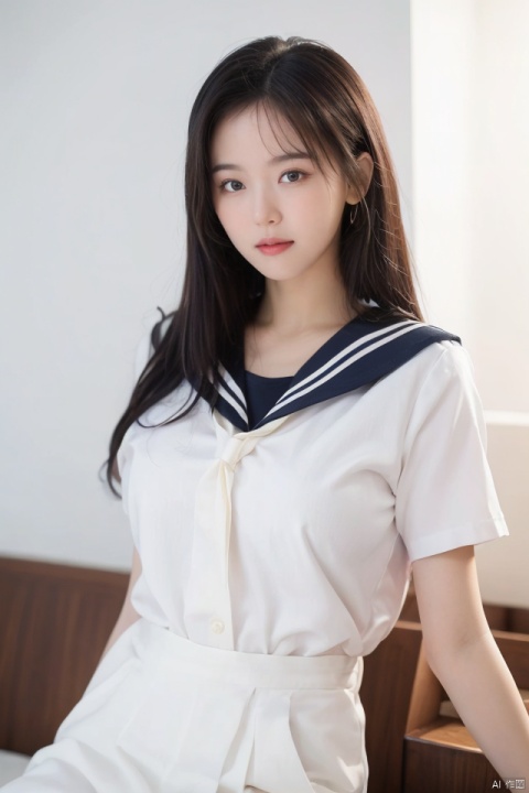 masterpiece, best quality, ultra high res; a slender, busty schoolgirl in form-fitting sailor uniform; precise outfit details, large bust emphasis, pristine white backdrop; alluring yet sophisticated ambience, hinting at nostalgia; balanced composition, soft focus on facial expression, highlighting figure and uniform's texture, evoking a sensual, yet nostalgic, high fashion school-themed portrait.