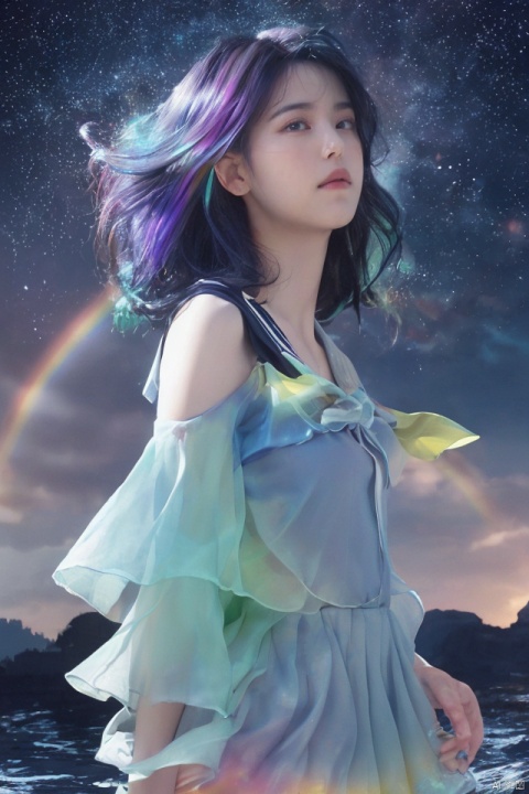 ((extremely detailed CG)),((8k_wallpaper)),(((masterpiece))),((best quality)),watercolor_(medium),((beautiful detailed starry sky)),cinmatic lighting,loli,princess,very long rainbow hair,side view,looking at viewer,full body,frills,(far from viewer),((extremely detailed face)),((an extremely delicate and beautiful girl)),((extremely detailed cute anime face)),((extremely detailed eyes)),(((extremely detailed body))),(ultra detailed),illustration,((bare stomach)),((bare shoulder)),small breast,((sideboob)),((((floating and rainbow hair)))),(((Iridescence and rainbow hair))),(((extremely detailed sailor dress))),((((Iridescence and rainbow dress)))),(Iridescence and rainbow eyes),beautiful detailed hair,beautiful detailed dress,dramatic angle,expressionless,(big top sleeves),frills,blush,(ahoge)