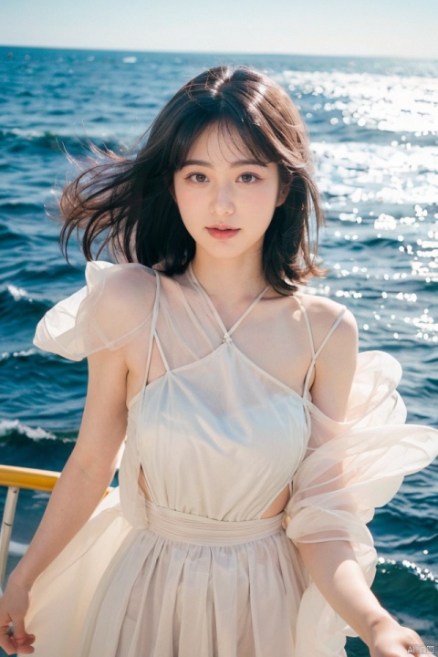 best quality,masterpiece,ultra high res,looking at viewer,simple background,studio light,makeup portrait,pink eyeshadow,
the half-updo beauty,wearing a naval uniform,standing on the deck of a warship with the sea breeze blowing through her hair,
the sun is shining brightly,reflecting off the waves and creating a sparkling sea around the ship, 
, caiqian, 