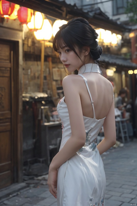 
best quality,masterpiece,ultra high res,looking at viewer,simple background,portrait (object), masterpiece, best quality, ultra high res, a poised beauty in a traditional qipao dress, exquisitely embroidered with dragons, gracing a vintage Shanghai alley, illuminated by the soft glow of lanterns casting long shadows, evoking a nostalgic, mysterious mood, shot with a telephoto lens for intimate portraiture, isolating her amidst the ambient hustle, capturing the essence of timelessness.
