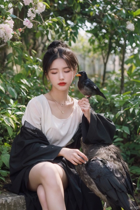 masterpiece, best quality, 1girl, solo, black hair, hair ornament, long sleeves, dress, jewelry, sitting, closed mouth, closed eyes, earrings, wide sleeves, necklace, hair bun, makeup, bird, facial mark, chinese clothes, single hair bun, branch, red lips, crow, updo, bird on hand,