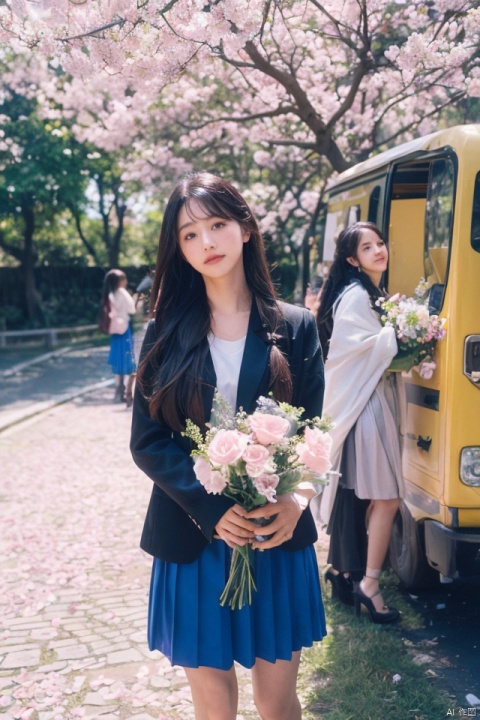 masterpiece, best quality,long hair, multiple girls, skirt, black hair, long sleeves, holding, very long hair, standing, braid, flower, outdoors, solo focus, 3girls, tree, blue skirt, petals, cherry blossoms, ground vehicle, pink flower, bouquet, holding bouquet