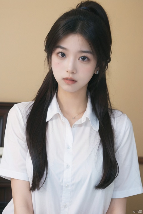 best quality, masterpiece, ultra high res,1girl, big breast,, looking at viewer,pure color background
1girl, solo, long hair, looking at viewer, shirt, black hair, jewelry, closed mouth, white shirt, upper body, ponytail, earrings, collared shirt, indoors, black eyes, lips, portrait, realistic, nose