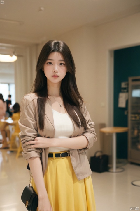 best quality, masterpiece, ultra high res,1girl, big breast, looking at viewer,pure color background,1girl, solo, looking at viewer, skirt, brown hair, shirt, brown eyes, standing, jacket, indoors, medium hair, blurry, lips, blurry background, formal, yellow shirt, handbag, realistic, takei film