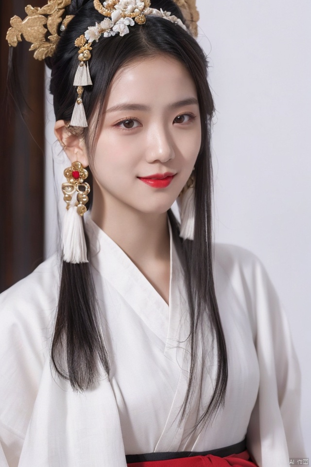  1girl, solo, long hair, looking at viewer, smile, simple background, black hair, hair ornament, white background, jewelry, closed mouth, upper body, earrings, makeup, chinese clothes, red lips, tassel earrings, hanfu, realistic