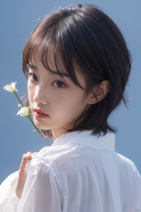  
best quality,masterpiece,ultra high res,looking at viewer,simple background,portrait (object), 1girl, solo, looking at viewer, short hair, shirt, black hair, long sleeves, closed mouth, white shirt, upper body, flower, black eyes, lips, blue background, realistic