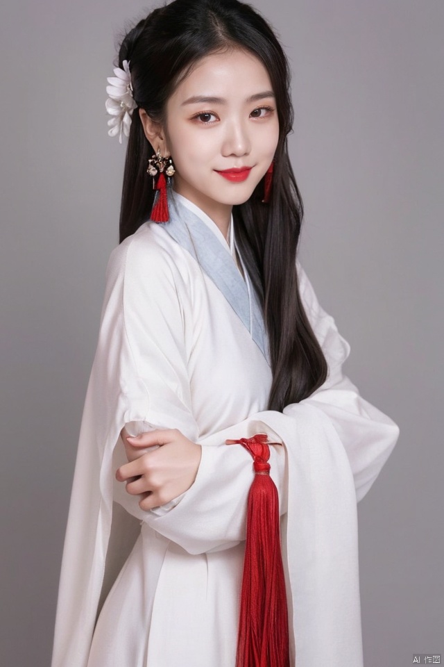  1girl, solo, long hair, looking at viewer, smile, simple background, black hair, hair ornament, white background, jewelry, closed mouth, upper body, earrings, makeup, chinese clothes, red lips, tassel earrings, hanfu, realistic