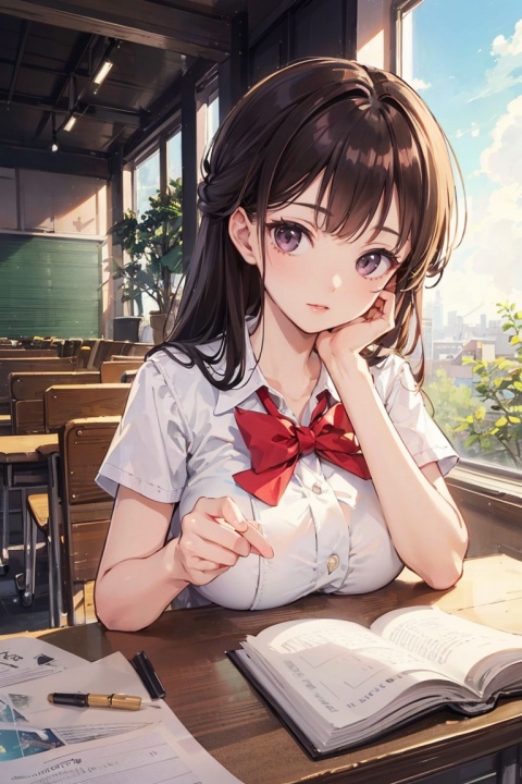 best quality, masterpiece, ultra high res,1girl, big breast, looking at viewer,pure color background,
half updo, sexy high school uniform, sitting in a classroom, sunlight illuminating the scene, calm and peaceful atmosphere, professional camera angles and composition