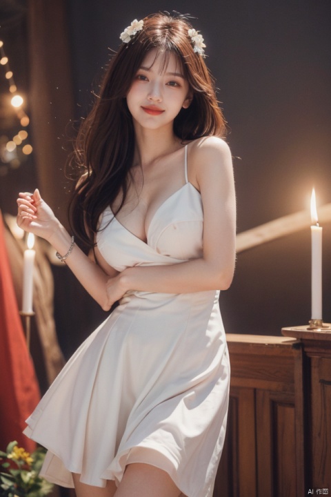 best quality, masterpiece, ultra high res,1girl, big breast,, looking at viewer,pure color background。
1girl, long hair, breasts, looking at viewer, smile, blue eyes, large breasts, brown hair, hair ornament, dress, bare shoulders, jewelry, flower, multiple boys, solo focus, bracelet, candle, dancing, film1
