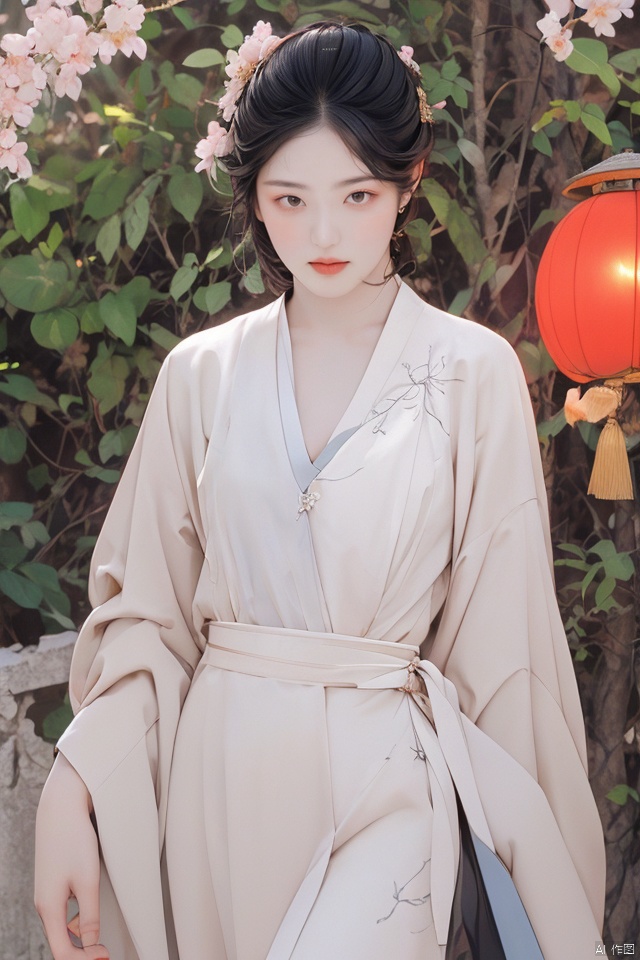 masterpiece, best quality, ultra high res, a slender and alluring Eastern beauty with ample cleavage, standing confidently in traditional silk attire, intricate embroidery details on the fabric catching the soft ambient light; set against a backdrop of an ancient Chinese garden at dusk, cherry blossom trees in bloom, lanterns softly illuminating the serene environment; exuding grace and sensuality, captured with a masterful composition using depth of field to emphasize her figure while maintaining the delicate balance of the scene, utilizing warm golden hour lighting to enhance the overall visual allure.
