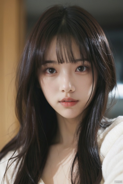  best quality,masterpiece,ultra high res,looking at viewer,simple background,portrait (object),
1girl, solo, long hair, looking at viewer, bangs, black hair, upper body, blurry, black eyes, lips, pajamas, realistic