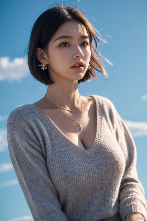 best quality, masterpiece, ultra high res,1girl, big breast, looking at viewer,pure color background,
1girl, solo, looking at viewer, short hair, black hair, jewelry, upper body, earrings, outdoors, sky, day, necklace, black eyes, sweater, blue sky, lips, cross, messy hair, realistic.yosshi film 