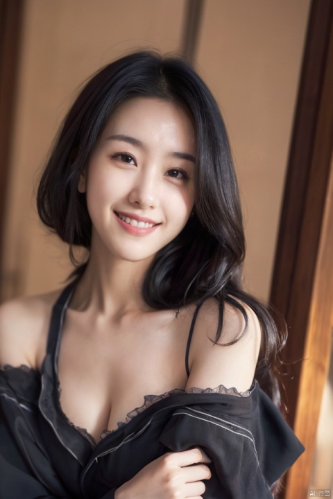  best quality,masterpiece,ultra high res,looking at viewer,simple background,portrait (object),
1girl, solo, long hair, breasts, looking at viewer, smile, black hair, cleavage, medium breasts, teeth, mole, grin, black eyes, mole under eye, pajamas, realistic