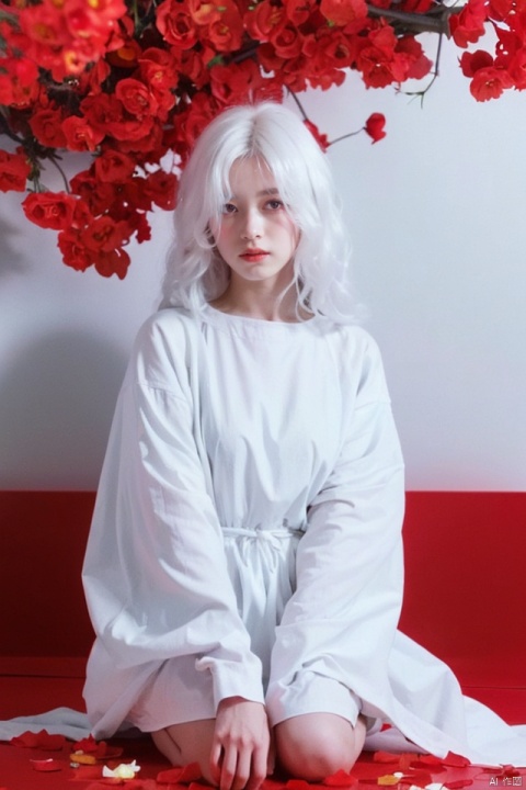 1girl, red eyes, white long translucent night gown, expressionless, (white hair), hair cover one eye, long hair, red hair flower, kneeling on lake, blood, (plenty of red petals:1.35), (white background:1.5), 