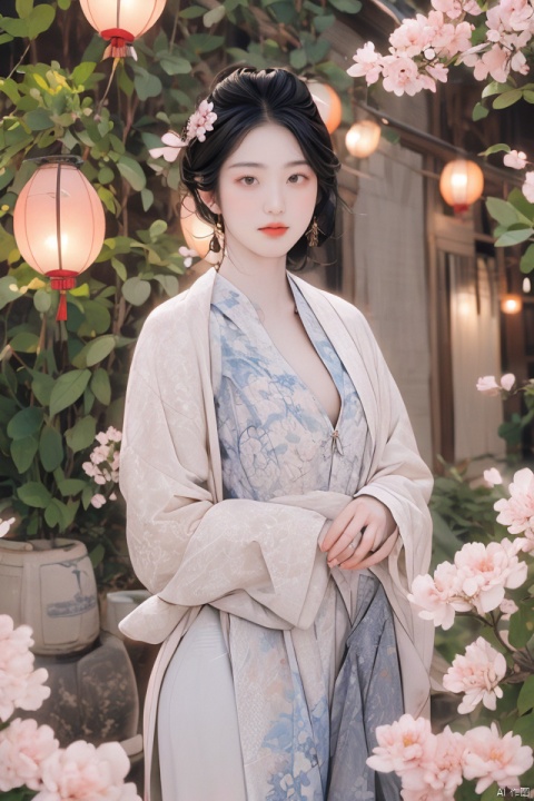 masterpiece, best quality, ultra high res, a slender and alluring Eastern beauty with ample cleavage, standing confidently in traditional silk attire, intricate embroidery details on the fabric catching the soft ambient light; set against a backdrop of an ancient Chinese garden at dusk, cherry blossom trees in bloom, lanterns softly illuminating the serene environment; exuding grace and sensuality, captured with a masterful composition using depth of field to emphasize her figure while maintaining the delicate balance of the scene, utilizing warm golden hour lighting to enhance the overall visual allure.