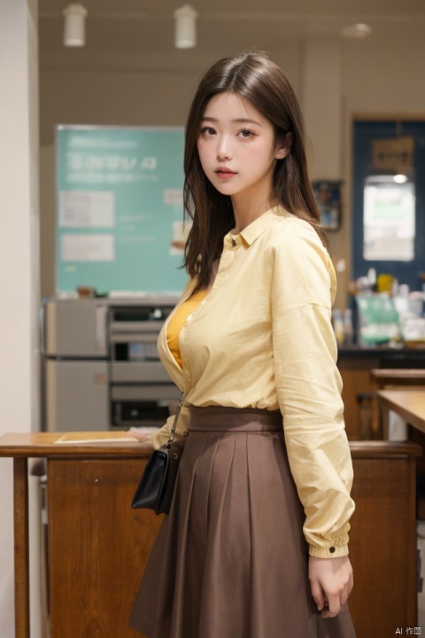 best quality, masterpiece, ultra high res,1girl, big breast, looking at viewer,pure color background,1girl, solo, looking at viewer, skirt, brown hair, shirt, brown eyes, standing, jacket, indoors, medium hair, blurry, lips, blurry background, formal, yellow shirt, handbag, realistic, takei film