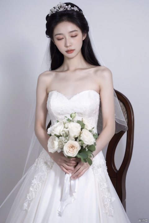 best quality, masterpiece, ultra high res,1girl, big breast,, looking at viewer,pure color background。
1girl, solo, long hair, black hair, dress, holding, bare shoulders, jewelry, closed eyes, flower, white dress, watermark, chair, tiara, veil, bouquet, wedding dress, bridal veil, bride