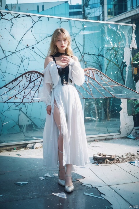 cowboy shot, white border, (cracked glass wall background<modern cityscape>:1.4), (broken refraction of cityscape:1.25), 1girl, blonde hair, long hair, cold expression, white long dress, black corset, long sleeves, wazari on floor, looking at viewer, colorful crystal piece, broken glass piece, colorful reflection, fragmentation, (broken glass wings:1.25).