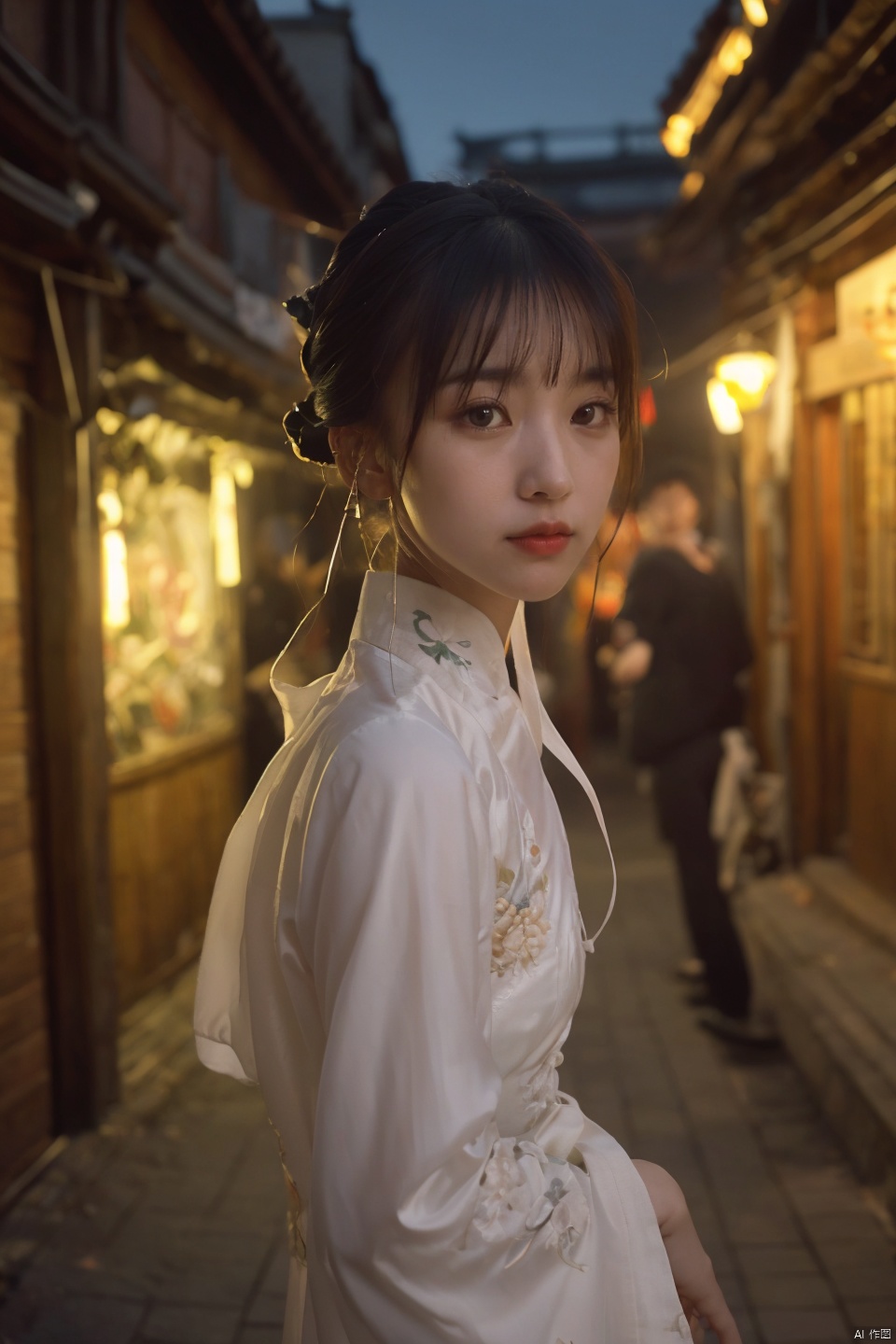 
best quality,masterpiece,ultra high res,looking at viewer,simple background,portrait (object), masterpiece, best quality, ultra high res, a poised beauty in a traditional qipao dress, exquisitely embroidered with dragons, gracing a vintage Shanghai alley, illuminated by the soft glow of lanterns casting long shadows, evoking a nostalgic, mysterious mood, shot with a telephoto lens for intimate portraiture, isolating her amidst the ambient hustle, capturing the essence of timelessness.