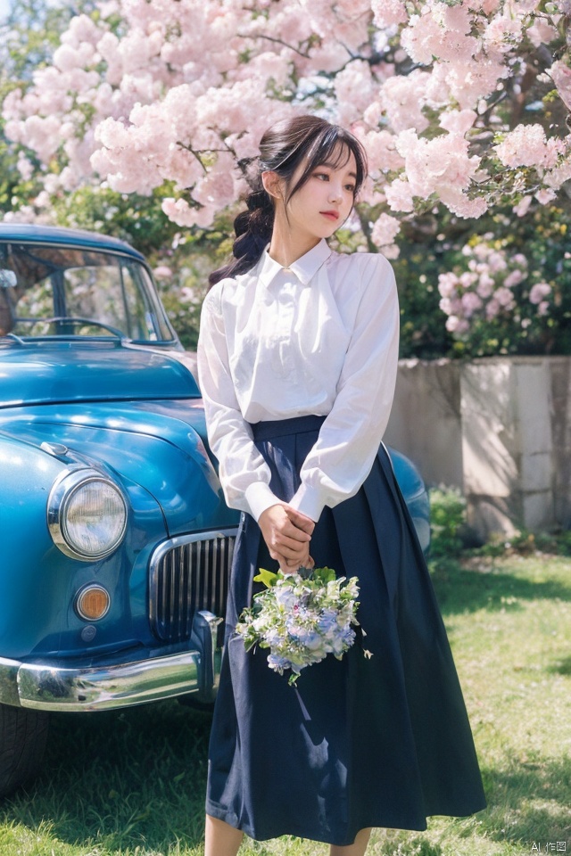 masterpiece, best quality,long hair, multiple girls, skirt, black hair, long sleeves, holding, very long hair, standing, braid, flower, outdoors, solo focus, 3girls, tree, blue skirt, petals, cherry blossoms, ground vehicle, pink flower, bouquet, holding bouquet