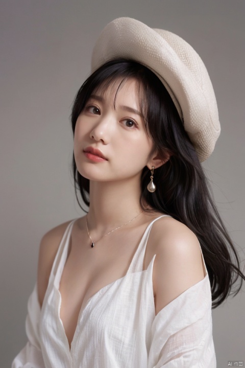 
best quality,masterpiece,ultra high res,looking at viewer,simple background,portrait (object), 
1girl, solo, long hair, looking at viewer, black hair, hat, brown eyes, jewelry, upper body, earrings, grey background, necklace, lips, head tilt, realistic