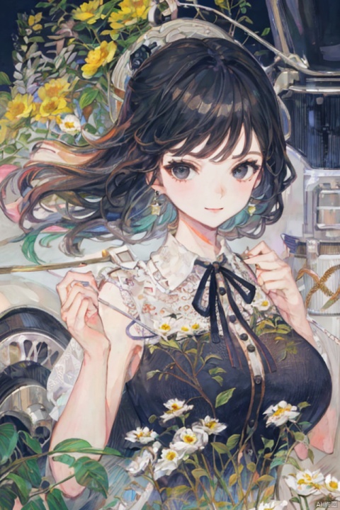 best quality, masterpiece, ultra high res,1girl, big breast,, looking at viewer,pure color background。
1girl, solo, long hair, looking at viewer, smile, shirt, black hair, holding, jewelry, white shirt, upper body, flower, earrings, sleeveless, collared shirt, black eyes, leaf, white flower, ground vehicle, motor vehicle, holding flower, car,yeqiche style