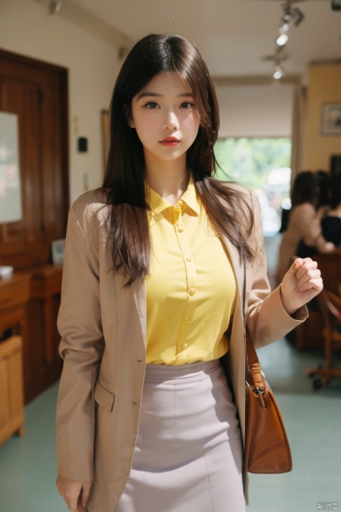 best quality, masterpiece, ultra high res,1girl, big breast, looking at viewer,pure color background,1girl, solo, looking at viewer, skirt, brown hair, shirt, brown eyes, standing, jacket, indoors, medium hair, blurry, lips, blurry background, formal, yellow shirt, handbag, realistic, takei film