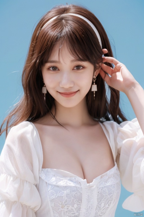 
best quality,masterpiece,ultra high res,looking at viewer,simple background,portrait (object), 
1girl, solo, long hair, looking at viewer, smile, brown hair, dress, brown eyes, jewelry, short sleeves, hairband, earrings, puffy sleeves, white dress, blue background