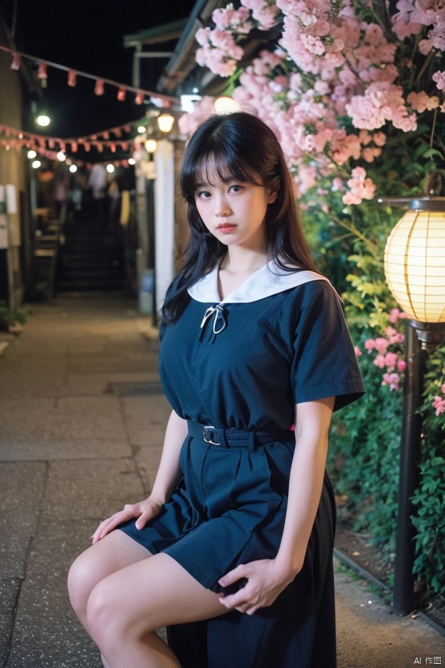 masterpiece, best quality, ultra high res; a slender, busty, and seductive woman in a crisp sailor uniform, emphasizing curves and intricate details; set within a vintage Japanese street scene at twilight, with cherry blossoms and lanterns illuminating her presence; the atmosphere evokes a blend of sultry sophistication and nostalgic whimsy, captured through a dramatic low-angle shot with a shallow depth of field that accentuates her gaze and form, harmoniously framing her against the traditional backdrop.