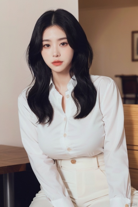 
best quality,masterpiece,ultra high res,looking at viewer,simple background,portrait (object), gigantic_breasts,
1girl, solo, long hair, looking at viewer, shirt, black hair, long sleeves, sitting, white shirt, pants, indoors, bag, black eyes, lips, shadow, head rest, realistic, brown pants