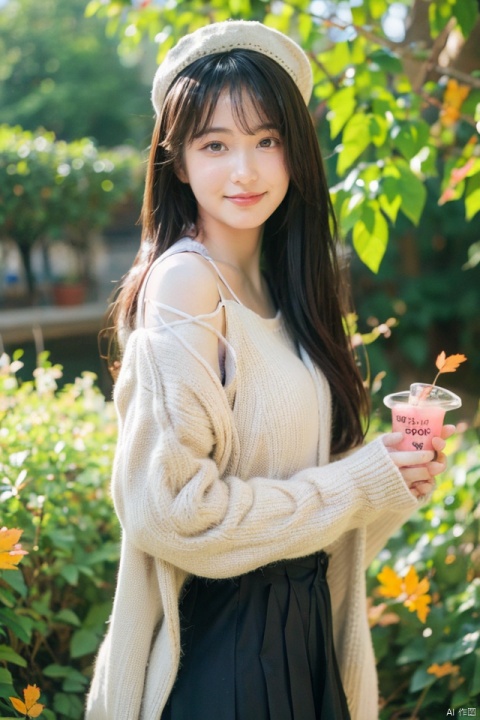 best quality,masterpiece,ultra high res,1girl,looking at viewer, 1girl,skirt,sailor collar,holding,smile,pleated skirt,hat,school uniform,solo,camera,long hair,off shoulder,shirt,bag,brown eyes,blurry,:d,bangs,serafuku,black sailor collar,holding camera,black skirt,autumn leaves,white headwear,white shirt,leaf,long sleeves,open clothes,open mouth,puffy long sleeves,blush,looking at viewer,ginkgo leaf,animal,blurry foreground,depth of field,cardigan,animal on shoulder,squirrel,blurry background,bow,beret,brown hair,black bow,puffy sleeves,open cardigan,hair between eyes,autumn,shoulder bag,hair ribbon,ribbon,white cardigan,maple leaf,outdoors,collarbone,falling leaves,vintage filter, 