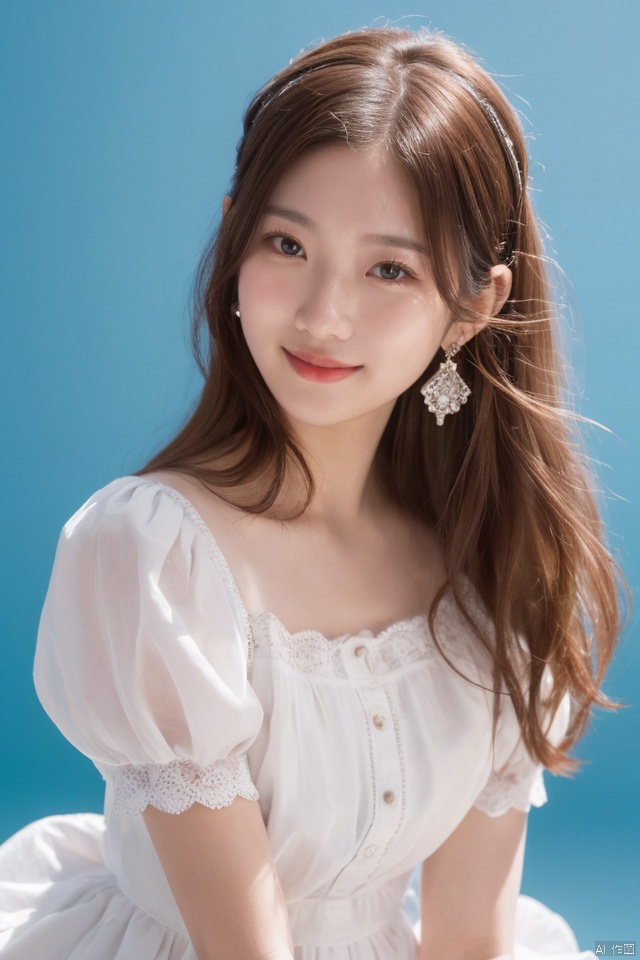 
best quality,masterpiece,ultra high res,looking at viewer,simple background,portrait (object), 
1girl, solo, long hair, looking at viewer, smile, brown hair, dress, brown eyes, jewelry, short sleeves, hairband, earrings, puffy sleeves, white dress, blue background