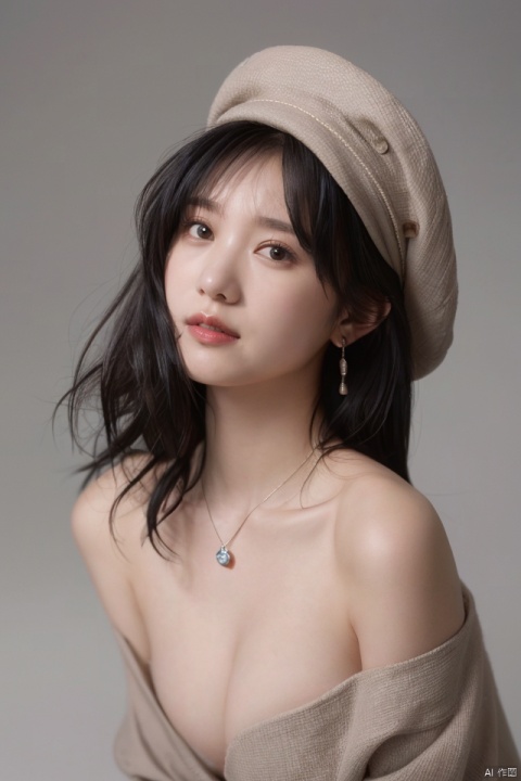 
best quality,masterpiece,ultra high res,looking at viewer,simple background,portrait (object), 
1girl, solo, long hair, looking at viewer, black hair, hat, brown eyes, jewelry, upper body, earrings, grey background, necklace, lips, head tilt, realistic