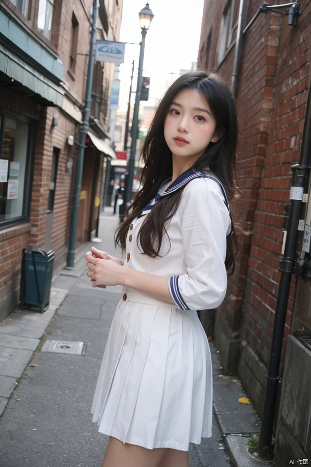 masterpiece, best quality, ultra high res, a slender, busty, alluring woman in a form-fitting sailor uniform; intricate pleats, collar and golden buttons accentuating her curves; set within a vintage, softly-lit urban backdrop of brick walls and street lamps; exuding an air of nostalgic allure and subtle seduction; captured with chiaroscuro lighting and a low angle, emphasizing the subject's confident poise.