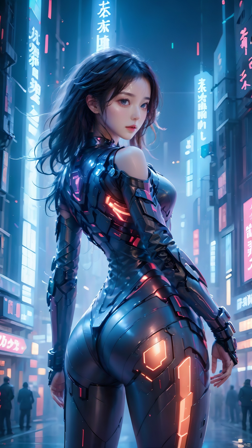  1girl,Future style gel coat,Future Combat Suit,armor,blurry background,bodysuit,breasts,building,Glowing Clothing,Shoulder mecha,Oblique lateral body,Above the knee,Grey gel coat,Upper body,Clothing with multiple light sources,city,cowboy shot,cyberpunk,depth of field,looking at viewer,medium breasts,realistic,science fiction,solo,standing, Arien view,A cyberpunk girl