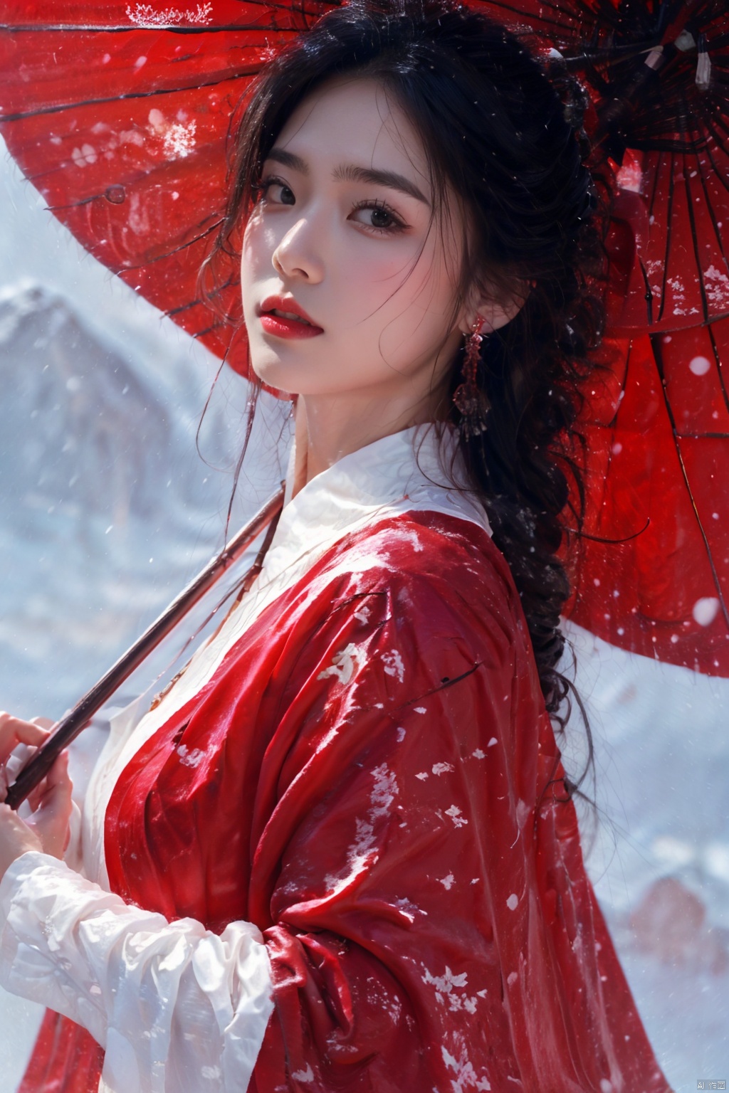  1girl, solo, long hair, looking at viewer, black hair, red eyes, long sleeves, holding, jewelry, upper body, earrings, outdoors, parted lips, japanese clothes, from side, makeup, umbrella, lipstick, holding umbrella, red lips, oil-paper umbrella, red umbrella