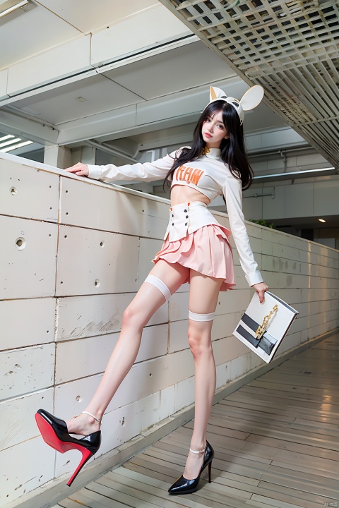  Masterpiece-level best_quality, concept artwork, a lonely solo girl, ,fashion,(mini skirt:1),Super long legs,, standing, realistic, Professionalstudio,highheels,trend,pantyhose,skinny