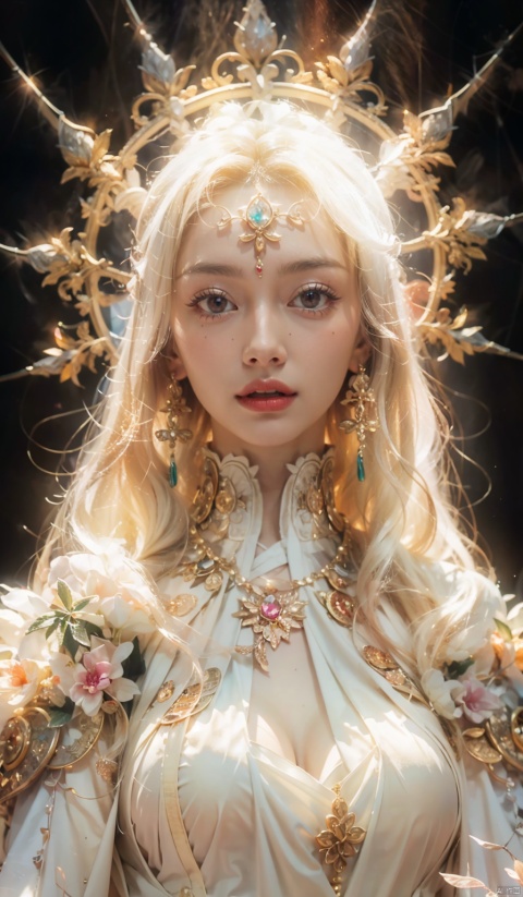  Oriental myth, (close up :1.15), (cleavage cut out, high cut, bare waist, bare legs, bare arms:1.2), Chinese dream Dununhuang Flying sky, super delicate, crystal noble Gorgeous tulle light clothes, behind a pair of translucent gorgeous white wings, soft light, gold wirvire Flying, white feathers, mystery, gems, smoke, Movie HD, lots of detail, surrealism, magic, U Unreal Engine, lighting