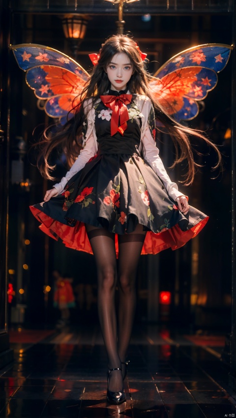  (extremely delicate and beautiful:1.2),1girl,fashi-girl, bangs, blue eyes, blurry, blurry background, bow, brown hair, closed mouth, from side, hair between eyes, hair bow, lantern, light particles, long sleeves, looking at viewer, medium hair, night, red bow, solo, star \(symbol\), upper body,smile,red lips, 1girl, skinny,pantyhose,