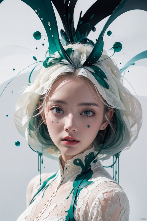  masterpiece, best quality, ultra high res, (extreme detailed), (1 beautiful girl), (abstract art:1.4),bleeding green, visually stunning, beautiful, evocative, emotional, ((white background)), ((white theme)),