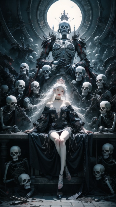 Queen, holding a long sword, a perfect long sword, a straight sword, Full body display, leaning against the ruins, with a floating skeleton in the background. The Queen's expression is enchanting, her posture is seductive, her hand is holding her face, and there is a flicker of evil energy runes in the background, blood mist filled, and soft light. My feet are covered in bones. Skeletons, many skeletons. Black stockings. Official art, unit 8 k wallpaper, ultra detailed, beautiful and aesthetic, masterpiece, best quality, extremely detailed, dynamic angle, paper skin, radius, iuminosity, cowboyshot, the most beautiful form of Chaos, elegant, a brutalist designed, visual colors, romanticism, by James Jean, roby dwi antono, cross tran, francis bacon, Michael mraz, Adrian ghenie, Petra cortright, Gerhard richter, Takato yamamoto, ashley wood, atmospheric, ecstasy of musical notes, streaming musical notes visible, flowers in full bloom, many bird of parade, deep forests, sunlight, atmosphere, rich details, full body lens, shot from above, shot from below, detail background, beautiful sky, floating hair, perfect face, exquisite facial features, high detail, smile, Fisheye lens, dynamic angle, dynamic posture,