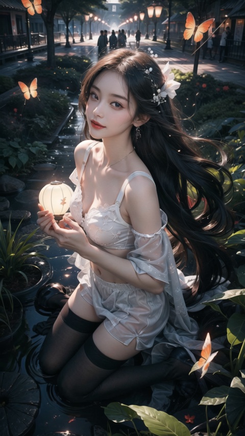 Girl, dancing gracefully on the ruins, with butterflies, fireflies, and Kong Ming Lanterns in the background. The queen has a charming expression and seductive posture, holding her face in her hand. The background is filled with evil energy runes, blood mist, and soft light. The water below is sparkling. Bianhua, Shuihua, with a plump chest, a bra, revealing the navel, and black stockings. Official art, unit 8 k wallpaper, ultra detailed, beautiful and aesthetic, masterpiece, best quality, extremely detailed, dynamic angle, paper skin, radius, iuminosity, cowboyshot, the most beautiful form of Chaos, elegant, a brutalist designed, visual colors, romanticism, by James Jean, roby dwi antono, cross tran, francis bacon, Michael mraz, Adrian ghenie, Petra cortright, Gerhard richter, Takato yamamoto, ashley wood, atmospheric, ecstasy of musical notes, streaming musical notes visible, flowers in full bloom, many birds of parade, deep forests, night, atmosphere, rich details, full body shots, shot from above, shot from below, detailed background, beautiful sky, floating hair, perfect face, exquisite facial features, high details, smile, dynamic angle, dynamic posture,Fractal,nagisadef,girl,Chinese style