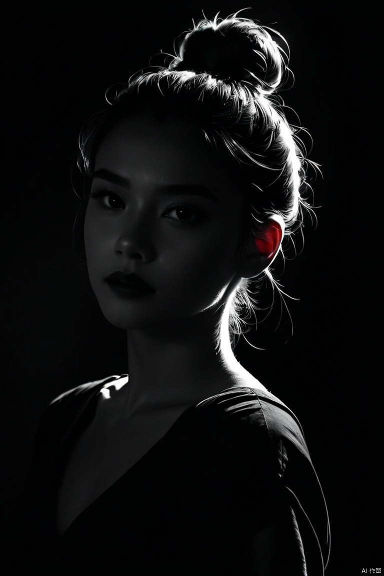  1girl,spotlight,silhouette,parted lips,looking at viewer,monochrome,portrait,deatailed beautiful face,hair bun,simple background,dark background,, silhouette, light master
