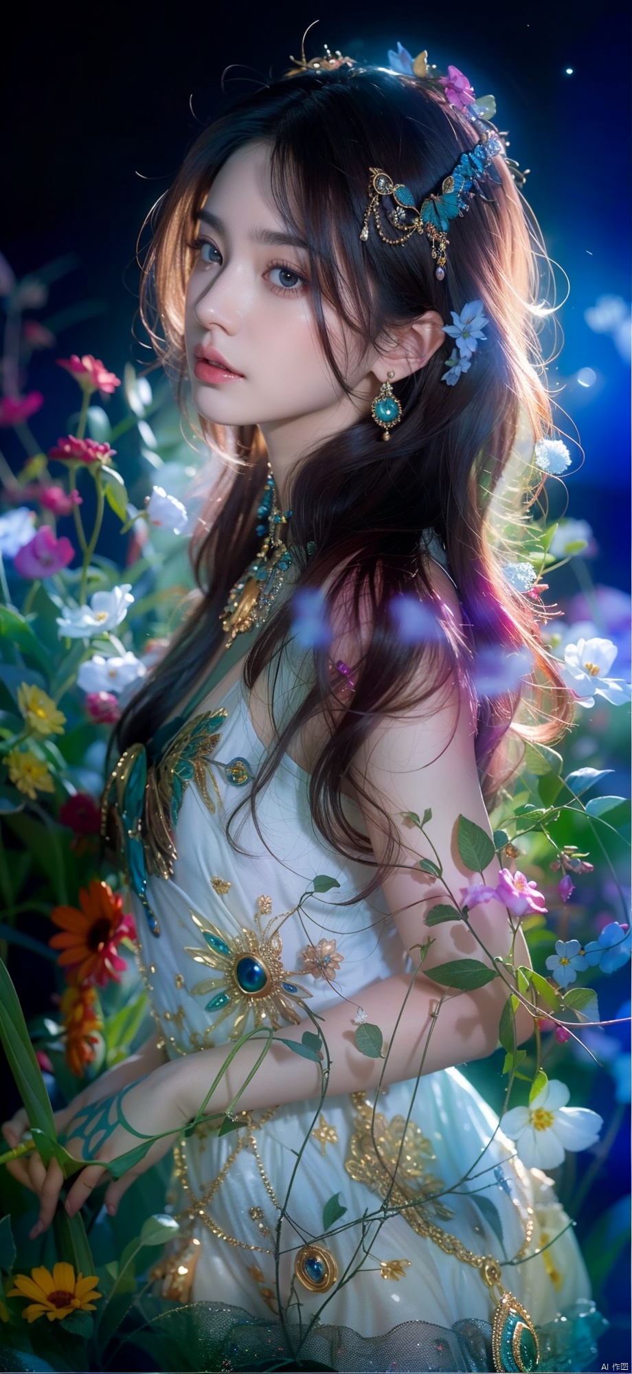  Best Quality, masterpiece, ultra-high resolution, (photo realistic: 1.4) , Surrealism, Fantastical verisimilitude, beautiful blue-skinned goddess Phoenix Peacock on her head, fantastical creation, thriller color scheme, surrealism, abstract, psychedelic, 1 girl,flower,castle,