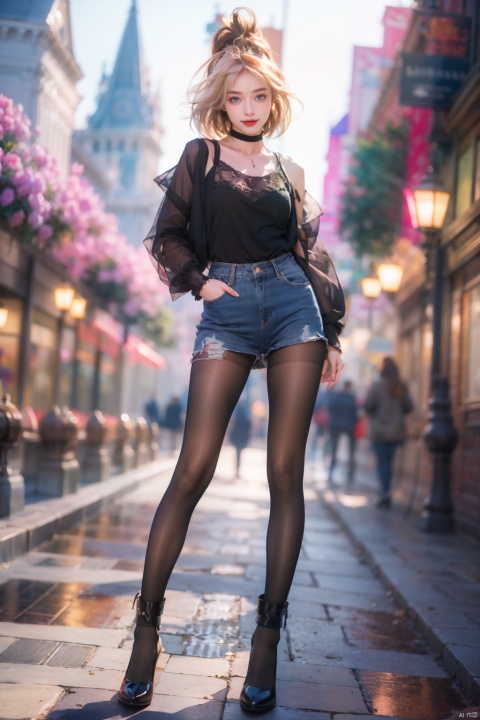  (extremely delicate and beautiful:1.2),1girl,Best quality , masterpiece , ultra high res , raw photo,fashion-girl, bangs, blue eyes, blurry, blurry background,  looking at viewer, medium hair, night, solo, upper body,smile,red lips,  skinny,pantyhose,